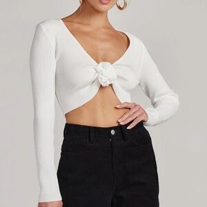 White Tie-Front Ribbed Crop Sweater